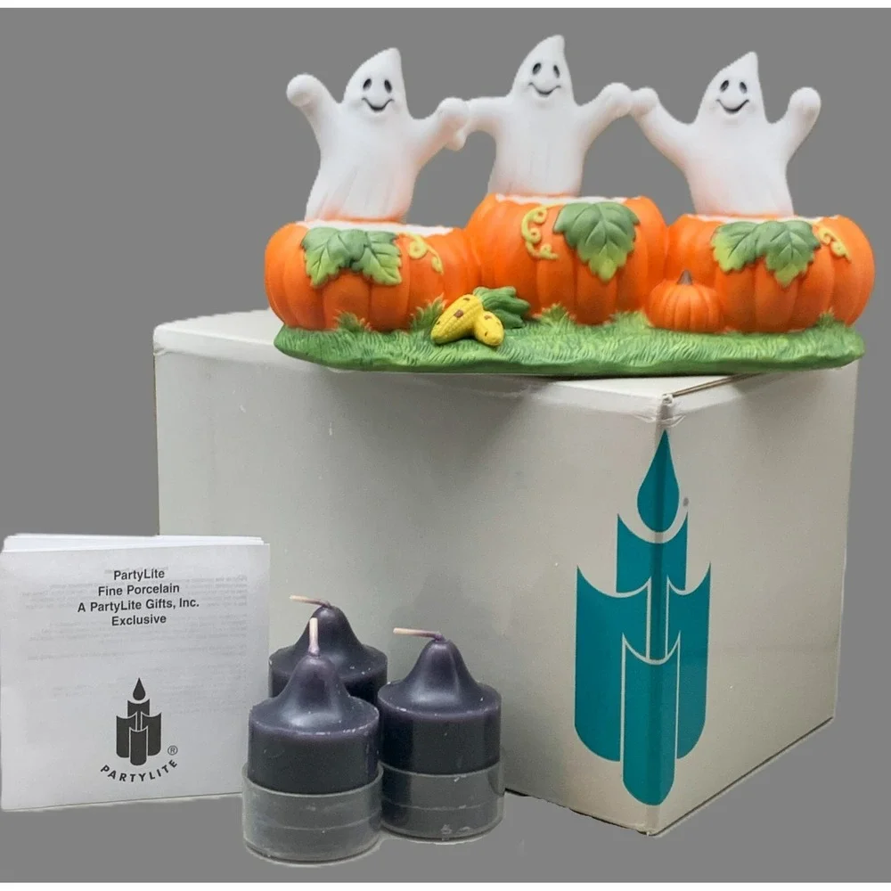 PartyLite Ghost Trio Candle Holder Halloween w 3 PL Candles NIB Retired Vintage
